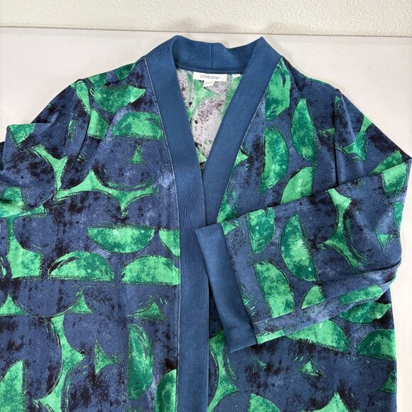 Chicos Cardigan Size 1 US M Green Blue Geometric Open Front Slinky 3/4 Sleeve - Picture 6 of 10